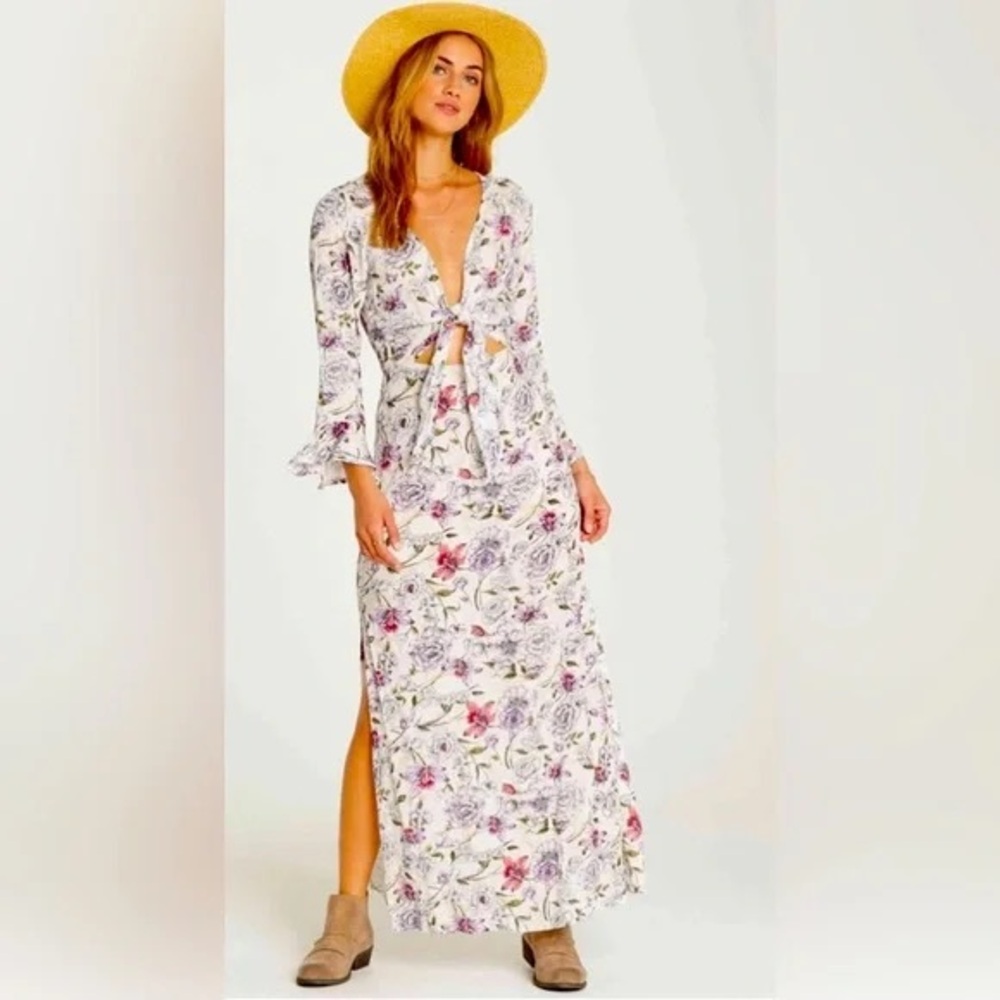 Billabong Forever Lust Maxi Dress XS – Floral Long Sleeve Tie-Front Boho Dress